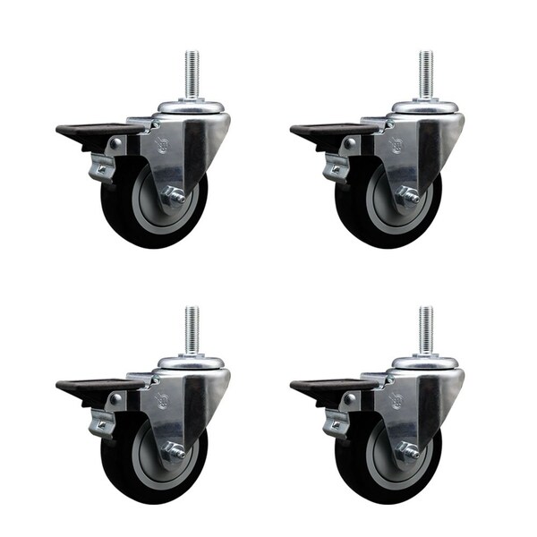 Service Caster 35 Inch Black Polyurethane Wheel Swivel 34 Inch Threaded Stem Caster Set with Brake SCC SCC-TS20S3514-PPUB-BLK-PLB-34212-4 - main